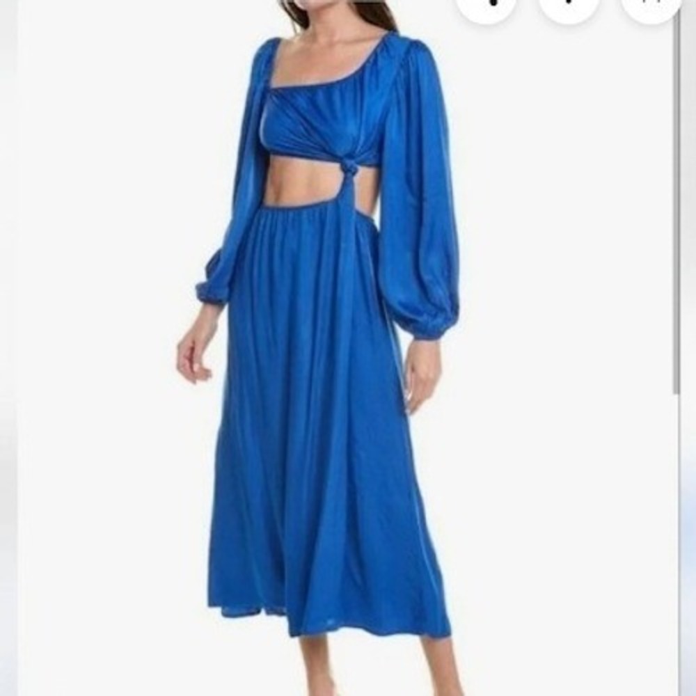 Farm Rio Blue Viscose Satin Midi Dress Long Sleeve Cutout Knot NEW Size S Resort